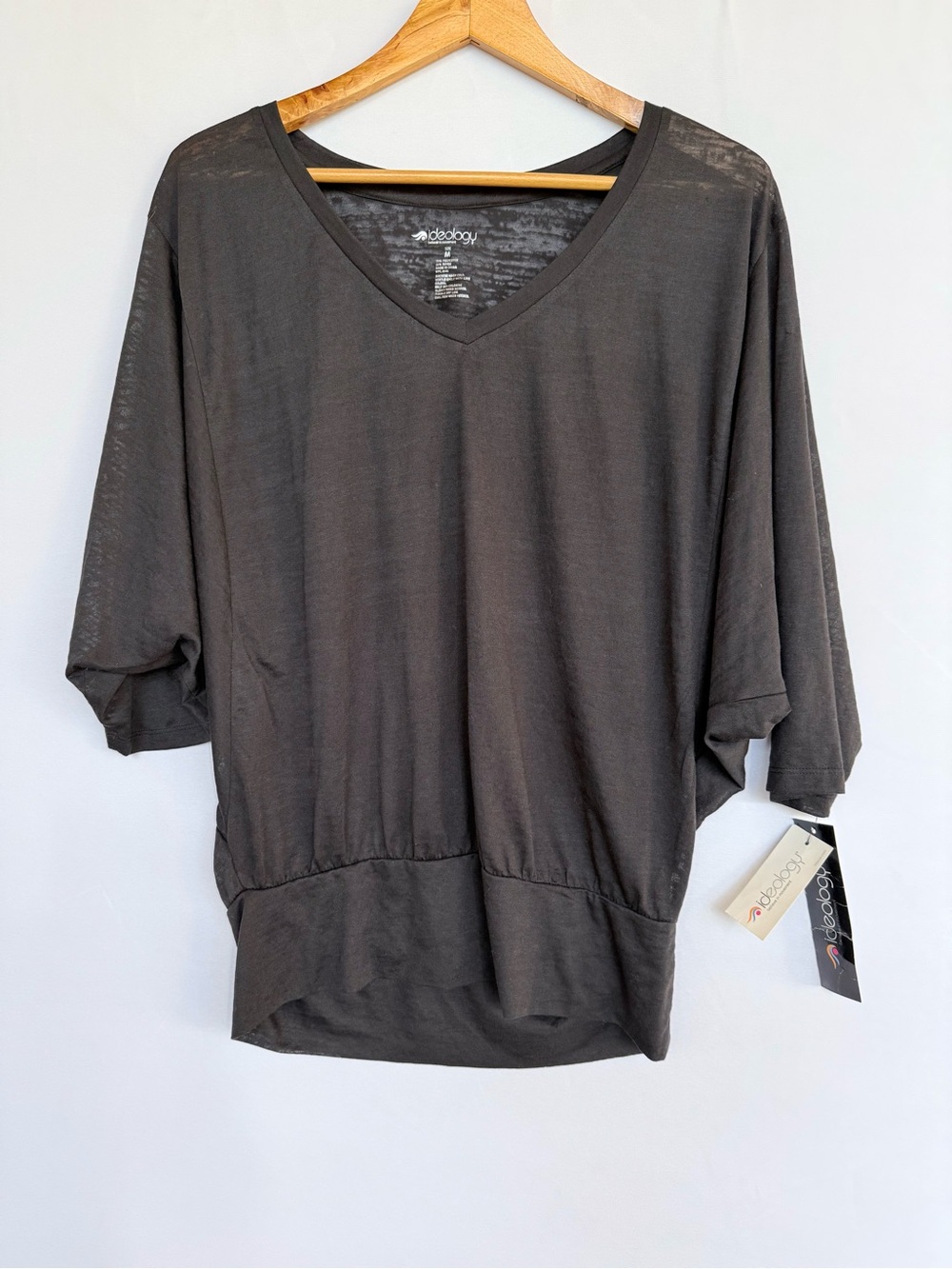 Ideology Black V-Neck Dolman Sleeve Tee NWT Size Medium Banded Hem